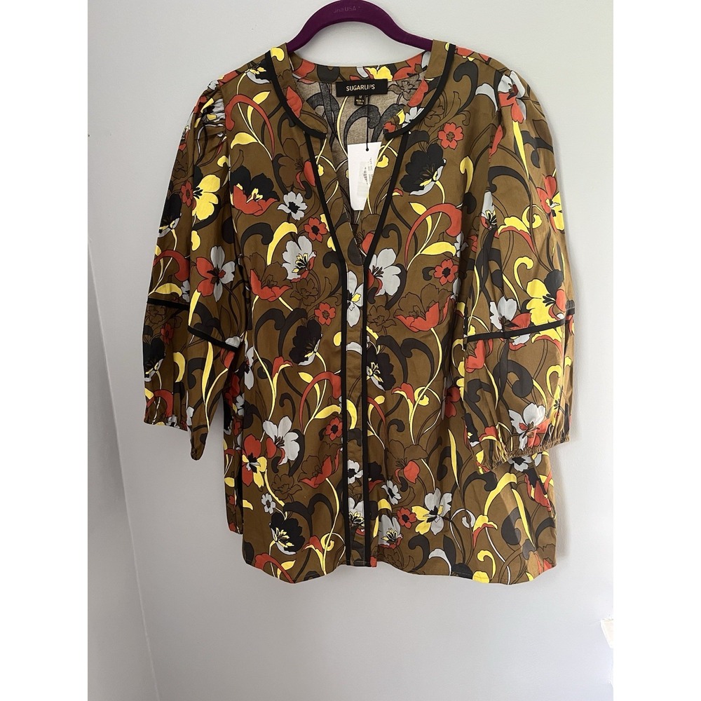 Sugar Lips Curve Women's Multicolor Floral 3/4 Balloon Sleeve 1X Top Blouse NWT